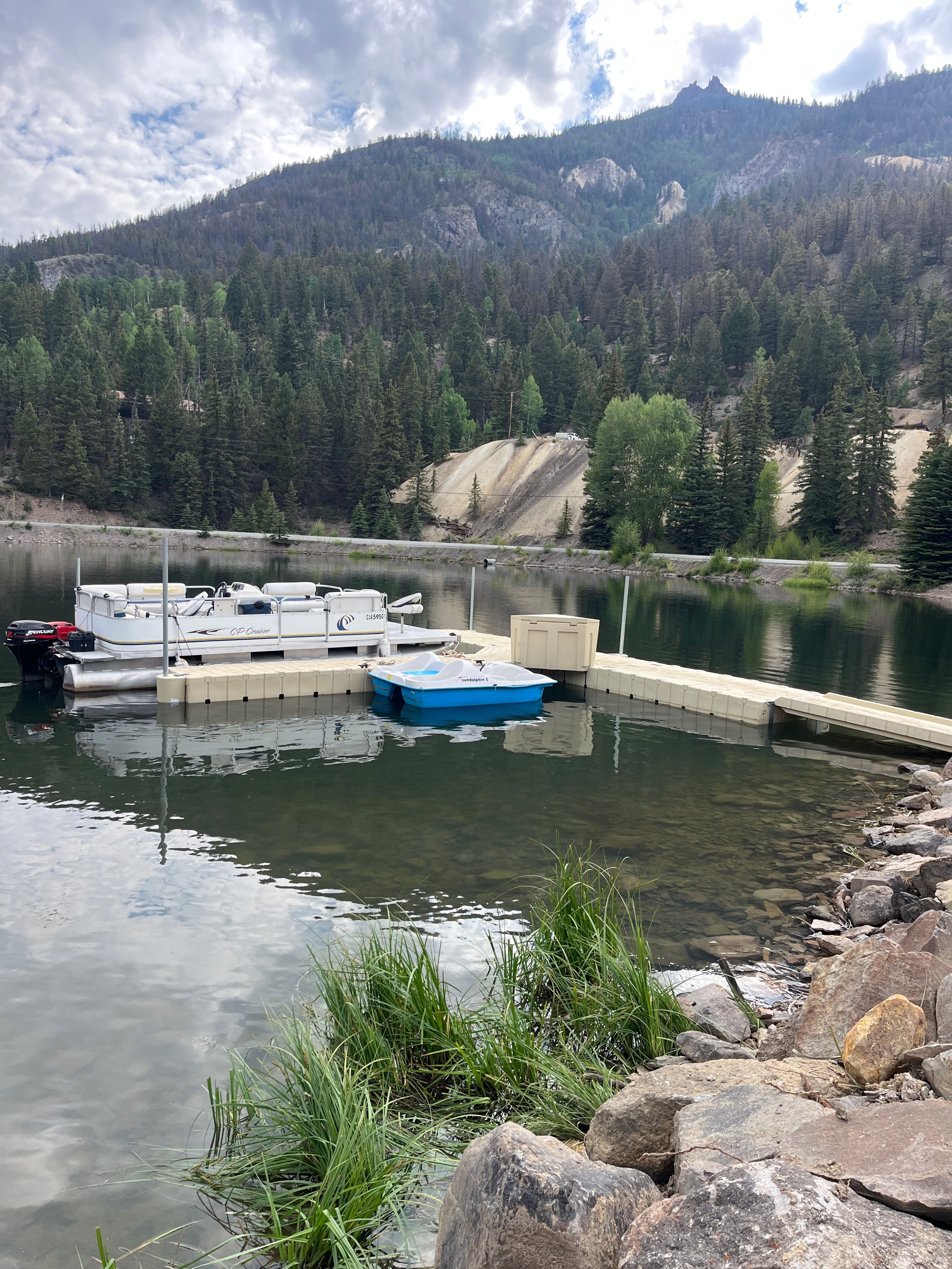EZ Dock system supporting boats on a mountain lake